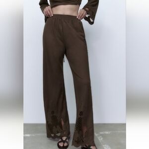 ZARA Embroidered Hem Pull-on pants With Elastic Waistband